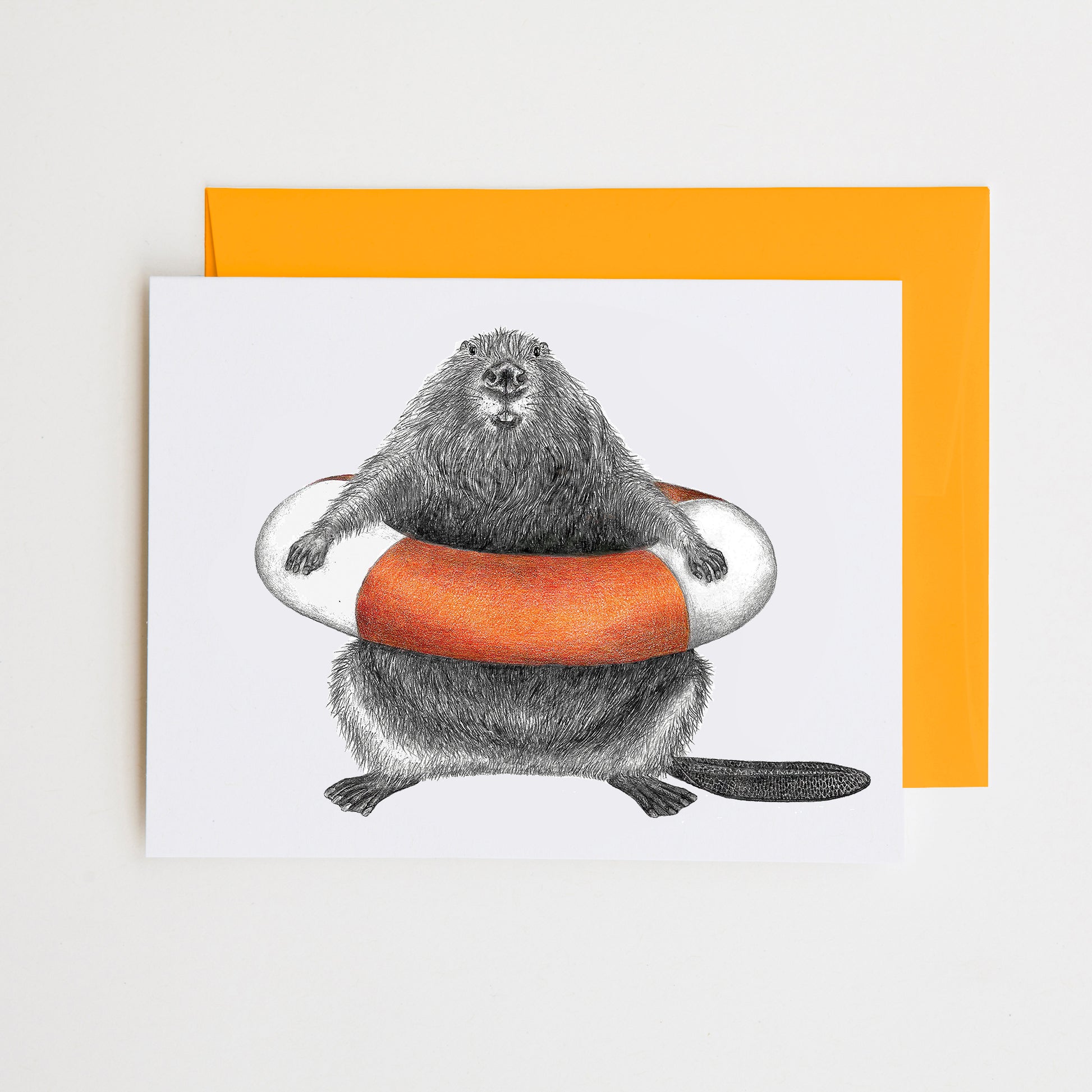 Hand-drawn pencil illustration of Ford Buckminster Beaver, Central & Gus A6 note card on cotton paper with goldenrod envelope
