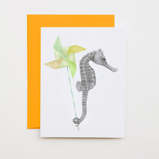 Hand-drawn pencil illustration of Gambol Azimuth Long Snout Seahorse, Central & Gus A6 note card on cotton paper with goldenrod envelope