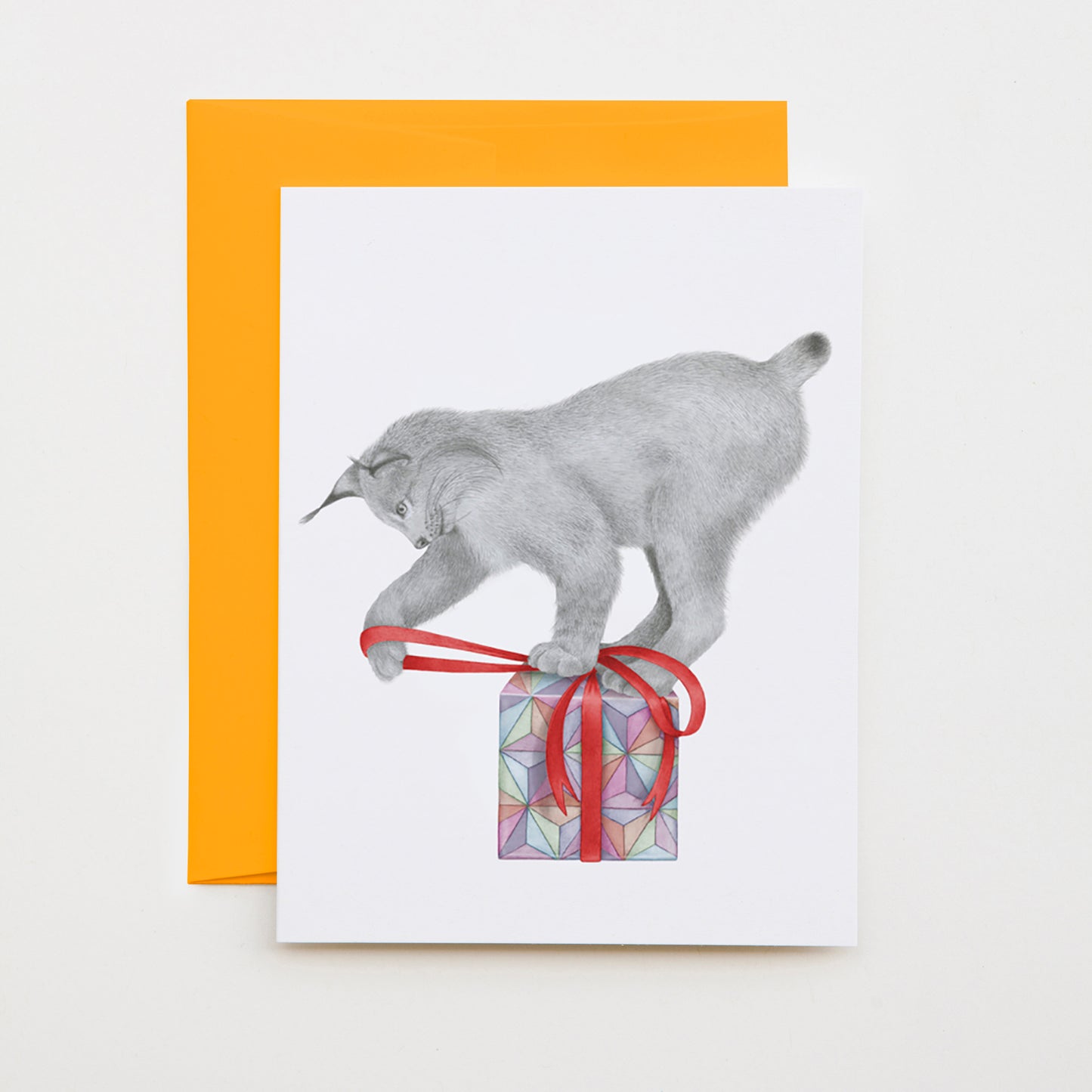 Hand-drawn pencil illustration of Hank Wythenshawe Canadian Lynx, Central & Gus A6 note card on cotton paper with goldenrod envelope