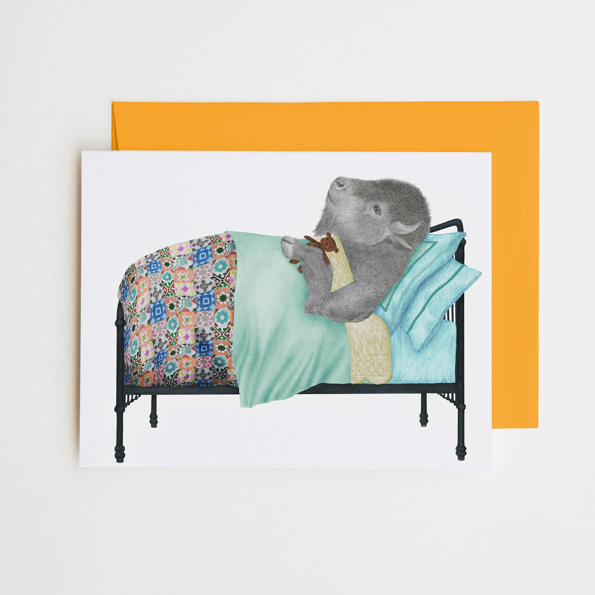 Hand-drawn pencil illustration of Harvey Curranhall Plains Bison, Central & Gus A6 note card on cotton paper with goldenrod envelope