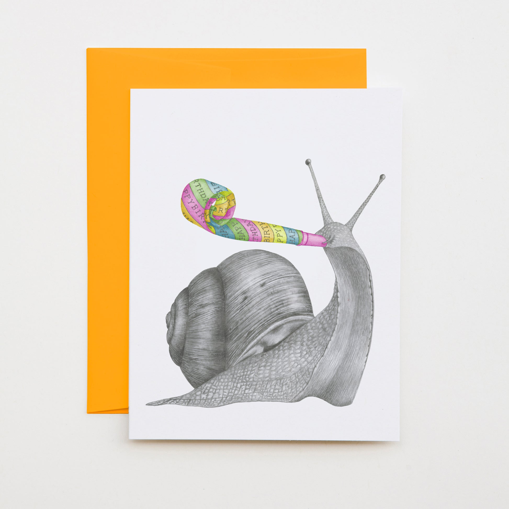 Hand-drawn pencil illustration of Herbie Homestead Brown Garden Snail, Central & Gus A6 note card on cotton paper with goldenrod envelope