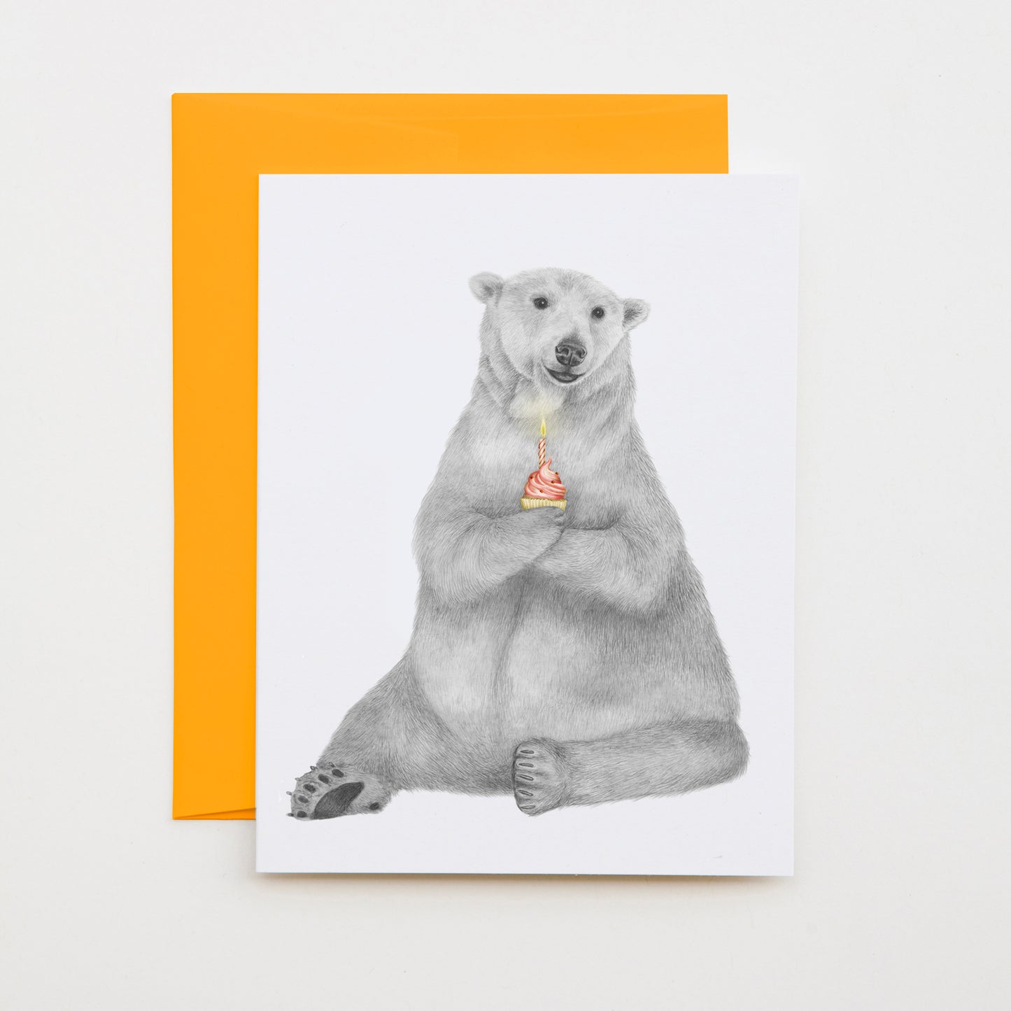 Hand-drawn pencil illustration of Hudson Churchill Polar Bear, Central & Gus jumbo cameo note card on cotton paper with goldenrod envelope