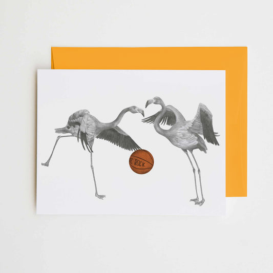 Hand-drawn pencil illustration of Iggy & Mags Hermano American Flamingo, Central & Gus A6 note card on cotton paper with goldenrod envelope