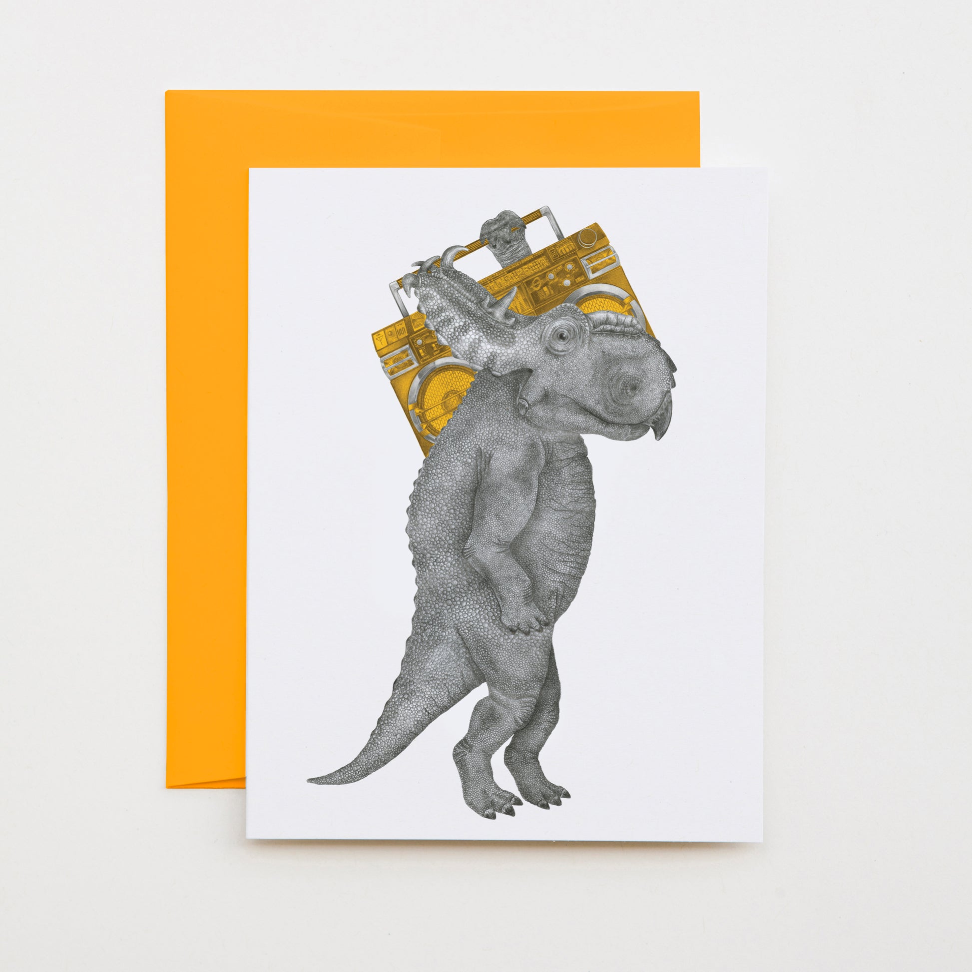 Hand-drawn pencil illustration of John Barnstaple Pachyrhinosaurus, Central & Gus A6 note card on cotton paper with goldenrod envelope