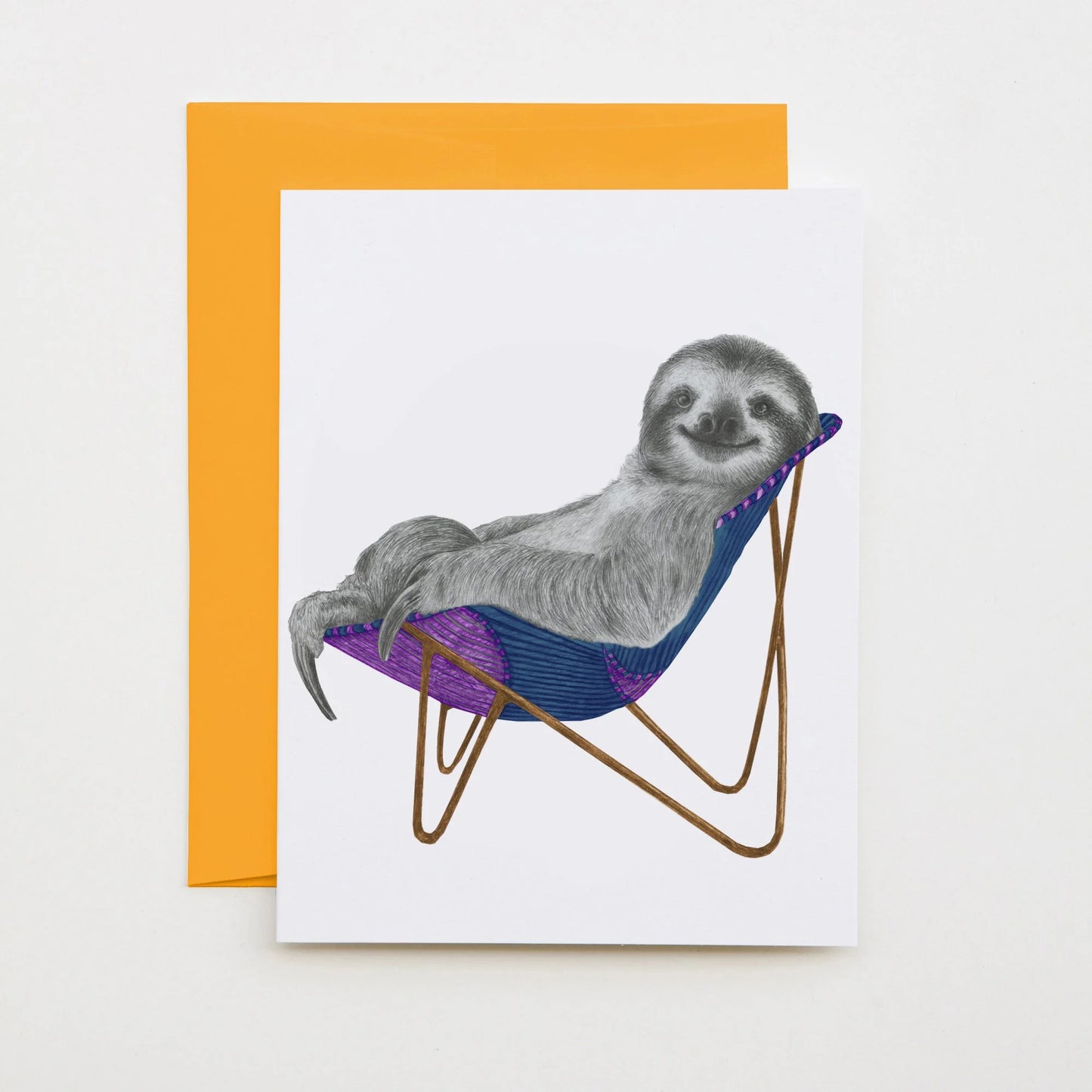 Hand-drawn pencil illustration of Kingston Westhill Three Toed Sloth, Central & Gus A6 note card on cotton paper with goldenrod envelope