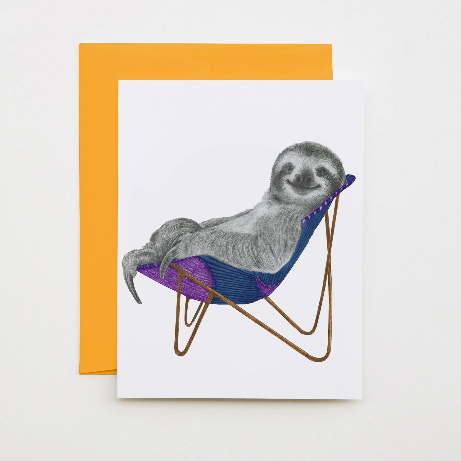 Hand-drawn pencil illustration of Kingston Westhill Three Toed Sloth, Central & Gus A6 note card on cotton paper with goldenrod envelope