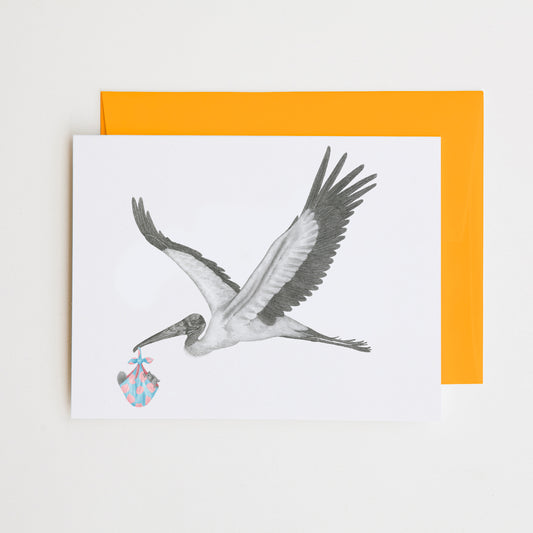 Hand-drawn pencil illustration of Llewellyn Caradoc Wood Stork & li'l Joe Buick Squirrel, Central & Gus A6 note card on cotton paper with goldenrod envelope