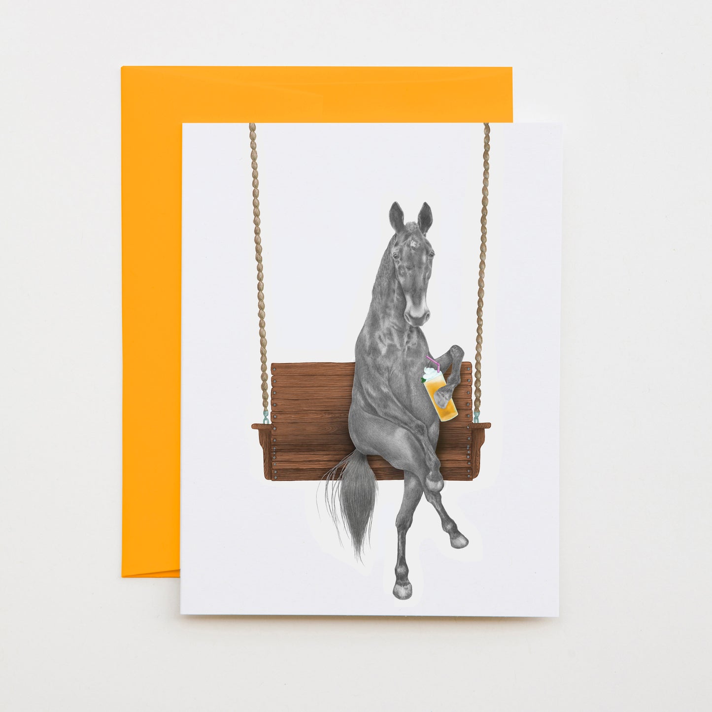 Hand-drawn pencil illustration of Miami Clementine Horse, Central & Gus A6 note card on cotton paper with goldenrod envelope