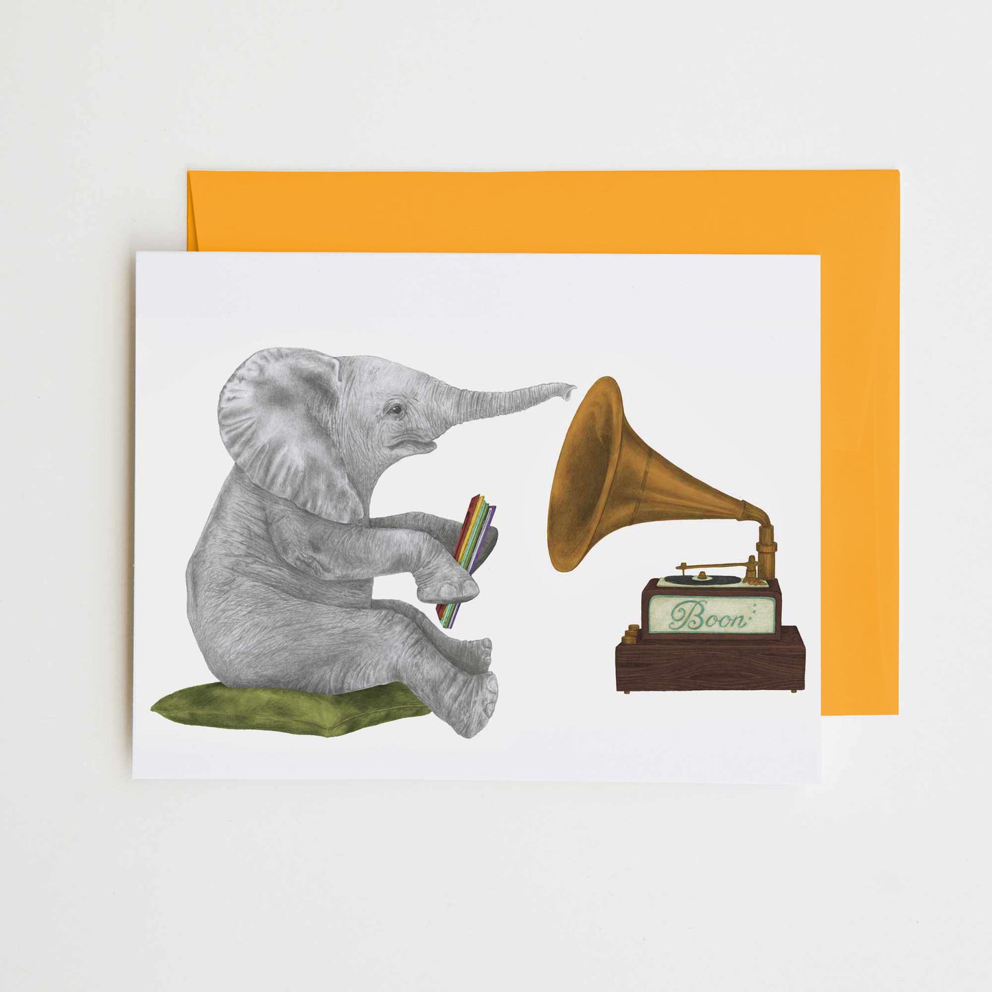 Hand-drawn pencil illustration of Newton Chapel African Elephant, Central & Gus A6 note card on cotton paper with goldenrod envelope