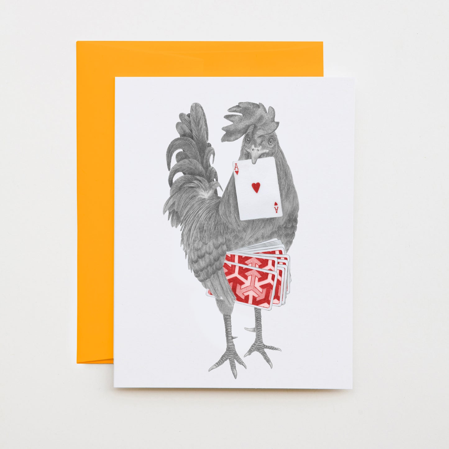 Hand-drawn pencil illustration of Petey Duval Key West Gypsy Rooster, Central & Gus A6 note card on cotton paper with goldenrod envelope