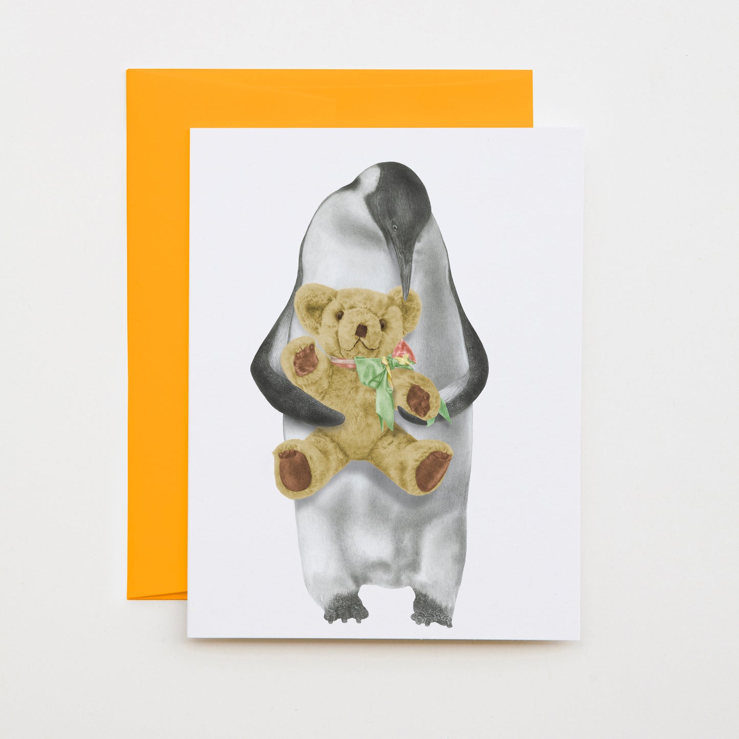 Hand-drawn pencil illustration of Puck Louy Emperor Penguin, Central & Gus A6 note card on cotton paper with goldenrod envelope