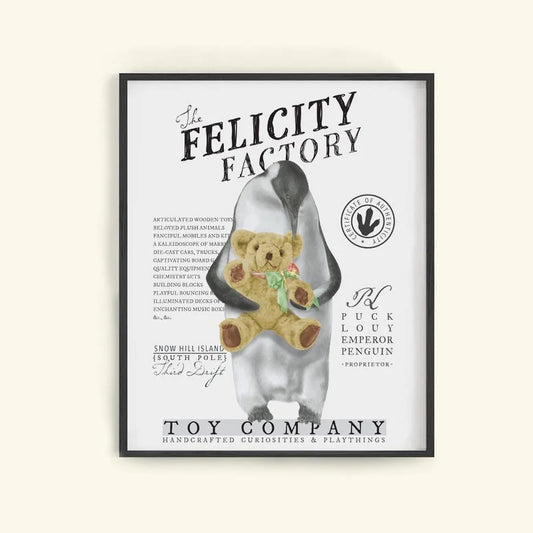Hand-drawn pencil illustration of Puck Louy Emperor Penguin, Central & Gus motivational poster on cotton paper, ships in mailing tube