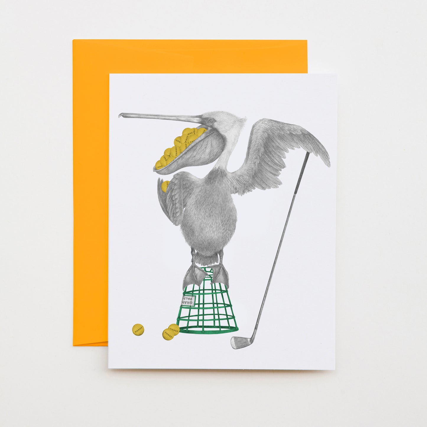 Hand-drawn pencil illustration of Rally Manonash Brown Pelican, Central & Gus A6 note card on cotton paper with goldenrod envelope