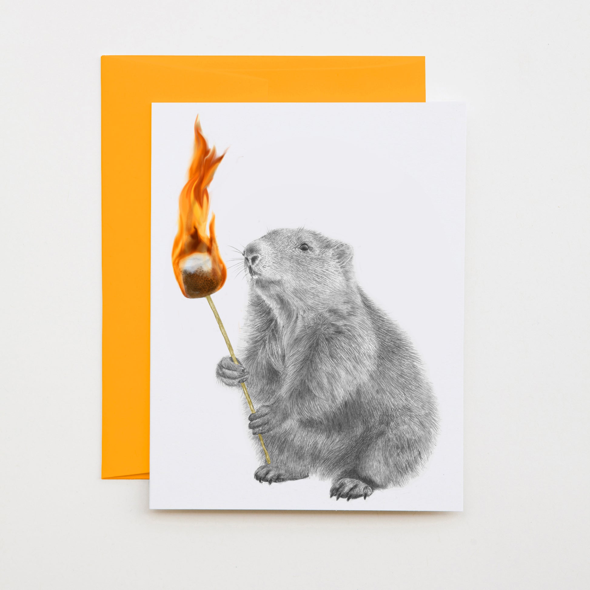 Hand-drawn pencil illustration of Ramona Joy Woodchuck, Central & Gus A6 note card on cotton paper with goldenrod envelope