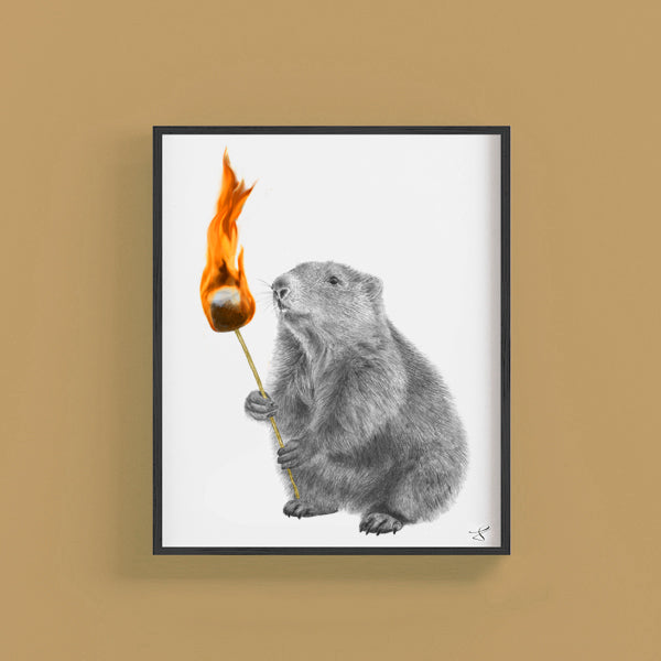 Hand-drawn pencil illustration of Ramona Joy Woodchuck, Central & Gus 8x10 art print on 318gsm cotton paper in protective cello