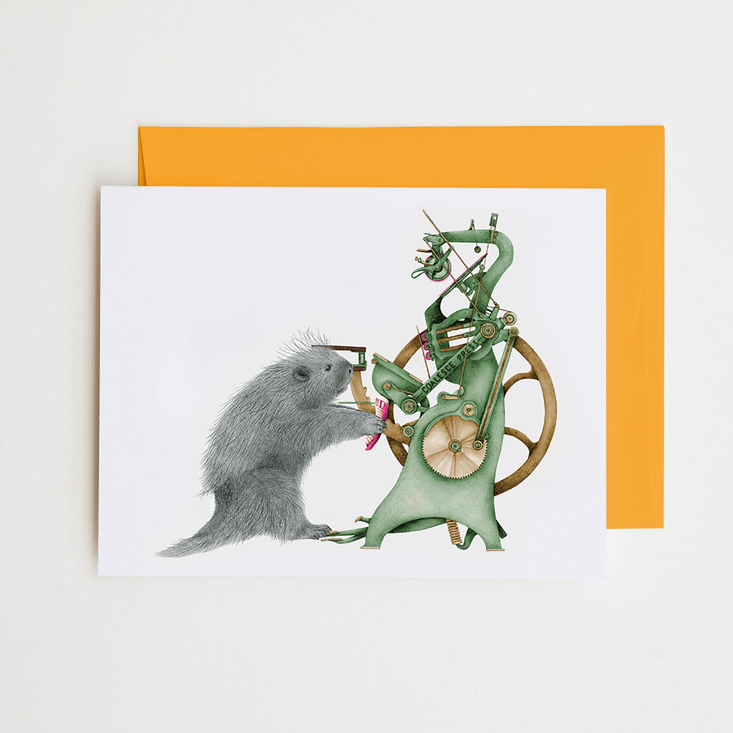 Hand-drawn pencil illustration of Reuben Gutenberg Porcupine, Central & Gus A6 note card on cotton paper with goldenrod envelope