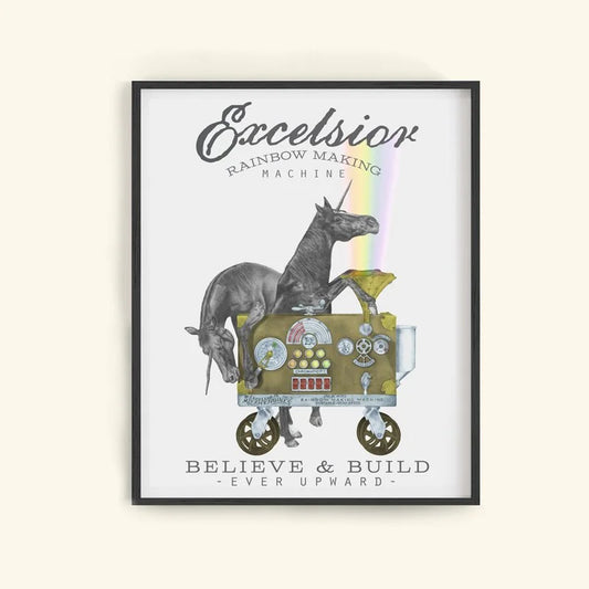 Hand-drawn pencil illustration of Ruby Jezebel & Jackpot Flame Unicorn, Central & Gus motivational poster on cotton paper, ships in mailing tube