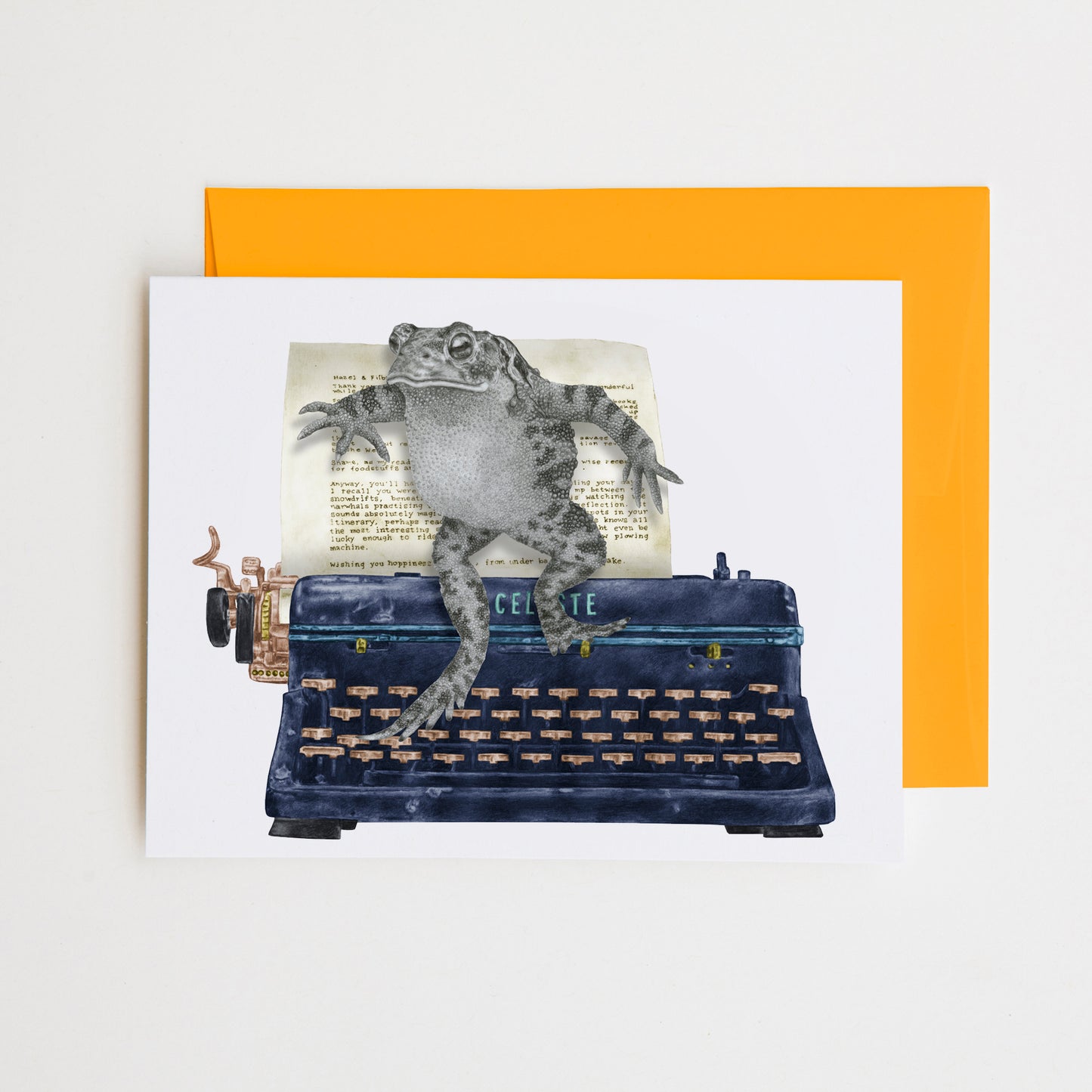 Hand-drawn pencil illustration of Stuart Bleuet American Toad, Central & Gus A6 note card on cotton paper with goldenrod envelope