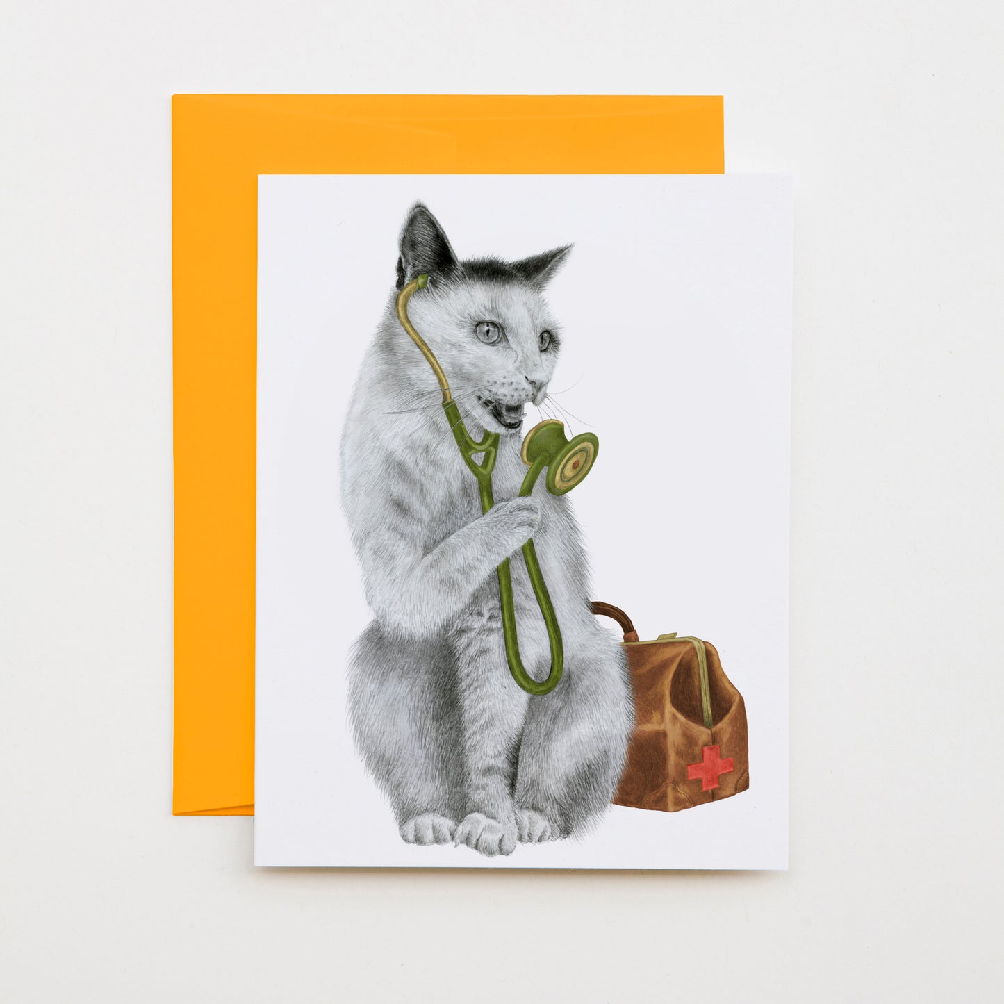 Hand-drawn pencil illustration of Tam Estavida Cat, Central & Gus A6 note card on cotton paper with goldenrod envelope