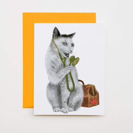 Hand-drawn pencil illustration of Tam Estavida Cat, Central & Gus A6 note card on cotton paper with goldenrod envelope
