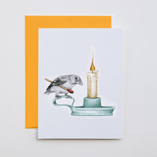 Hand-drawn pencil illustration of Thomasin Healing Eastern Grosbeak, Central & Gus A6 note card on cotton paper with goldenrod envelope