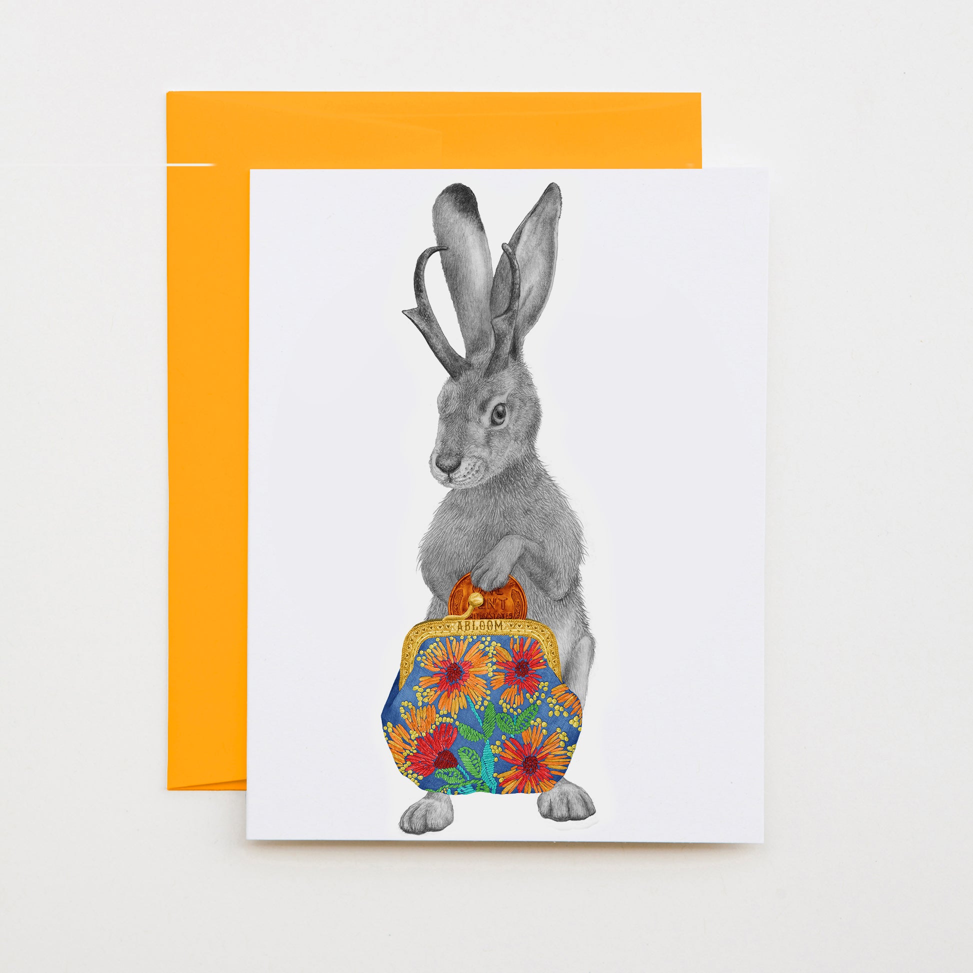 Hand-drawn pencil illustration of Tomorrow Northfield Jackalope, Central & Gus A6 note card on cotton paper with goldenrod envelope