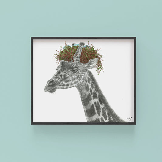 Hand-drawn pencil illustration of Toney Bronte Giraffe, Central & Gus 8x10 art print on 318gsm cotton paper in protective cello