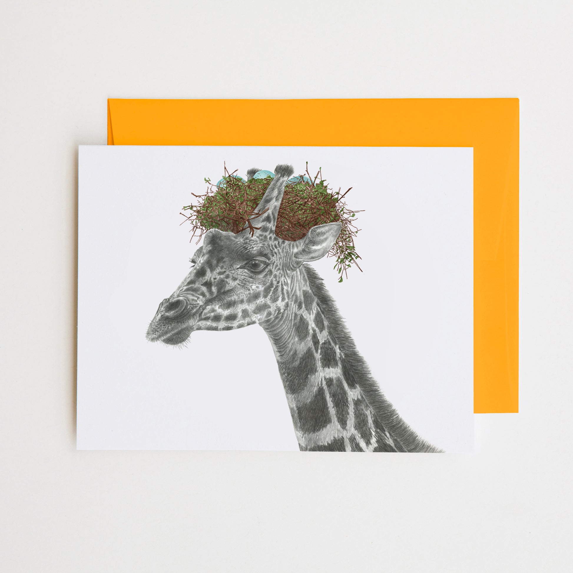 Hand-drawn pencil illustration of Toney Bronte Giraffe, Central & Gus A6 note card on cotton paper with goldenrod envelope