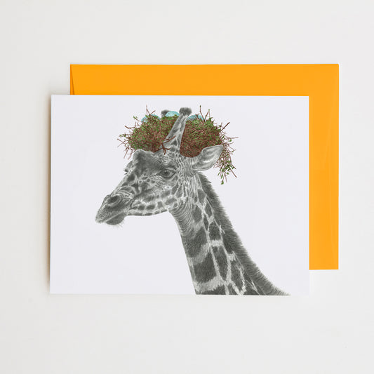Hand-drawn pencil illustration of Toney Bronte Giraffe, Central & Gus A6 note card on cotton paper with goldenrod envelope