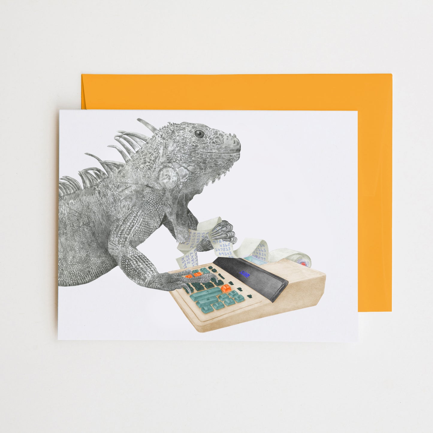 Hand-drawn pencil illustration of Tupelo Vingtdeux Iguana, Central & Gus A6 note card on cotton paper with goldenrod envelope