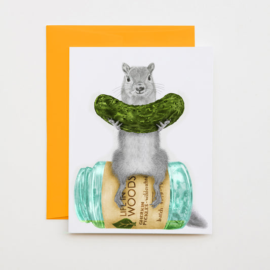 Hand-drawn pencil illustration of Violet Mortimer Fox Squirrel, Central & Gus jumbo cameo note card on cotton paper with goldenrod envelope