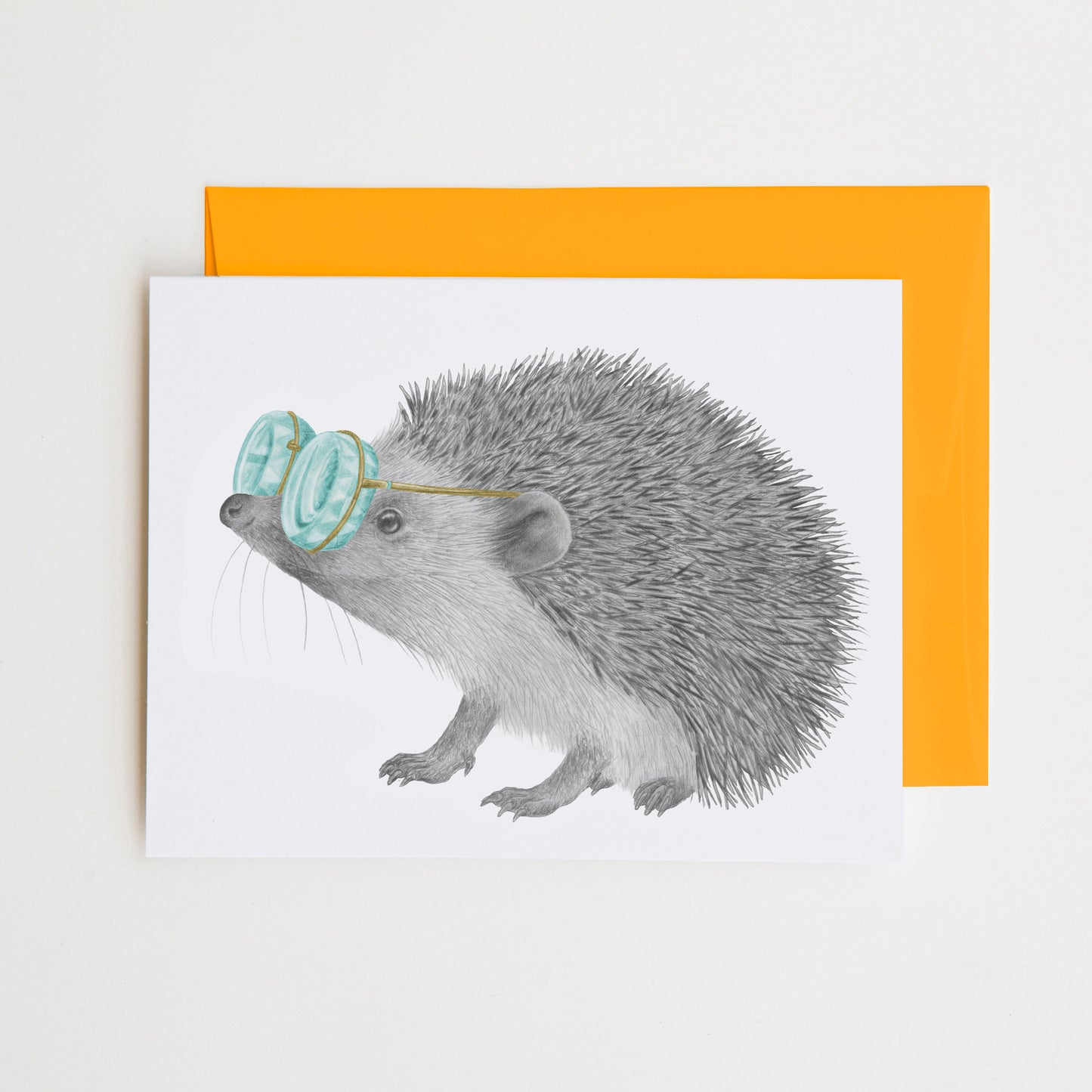 Hand-drawn pencil illustration of Whitby Valentine European Hedgehog, Central & Gus A6 note card on cotton paper with goldenrod envelope
