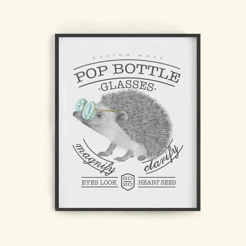 Hand-drawn pencil illustration of Whitby Valentine European Hedgehog, Central & Gus motivational poster on cotton paper, ships in mailing tube